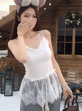 Moses Queen魔西女王白色V领蕾丝吊带背心女荷叶边屁帘无袖上衣