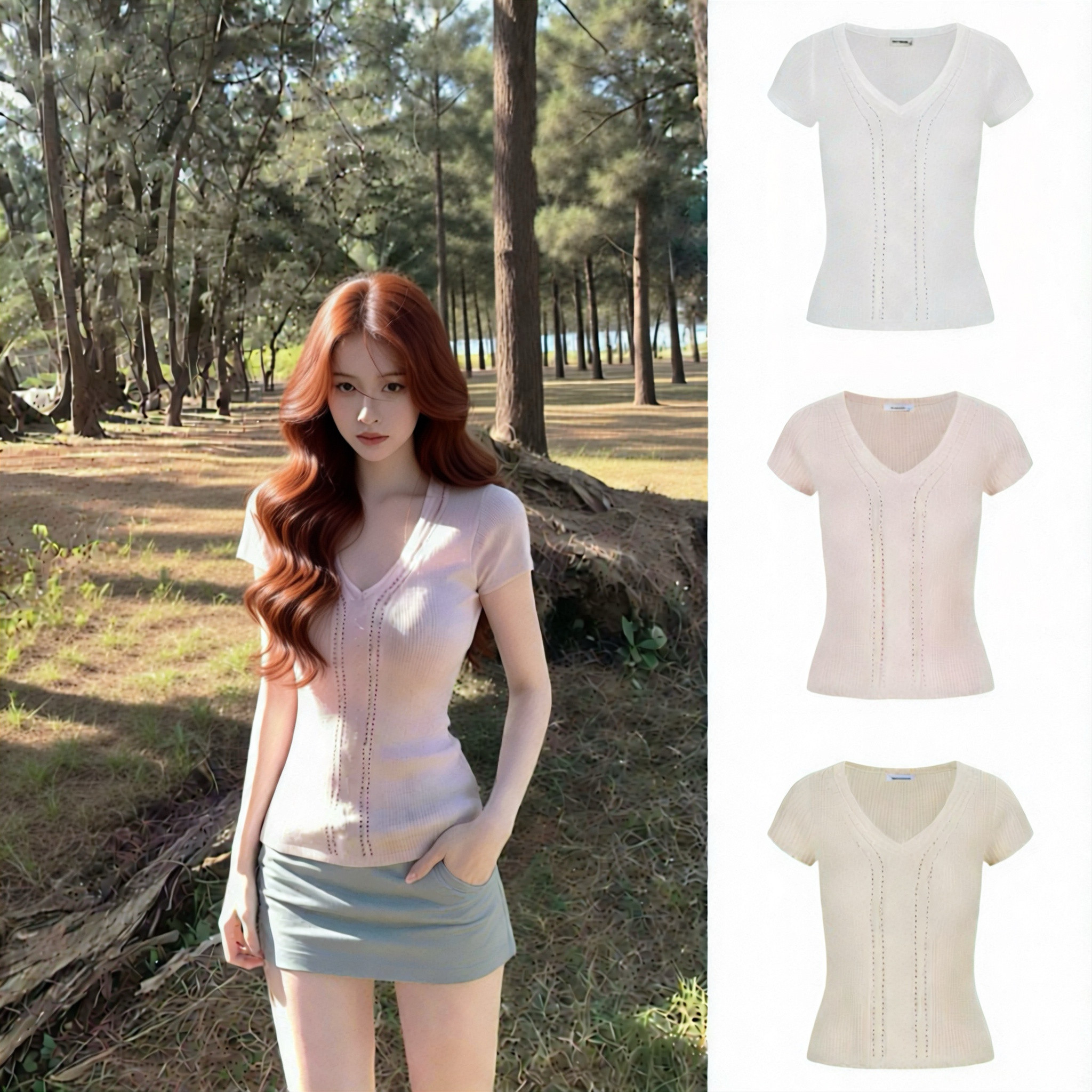 MosesQueen魔西女王粉色修身V领针织短袖设计感纯欲麻花镂空上衣