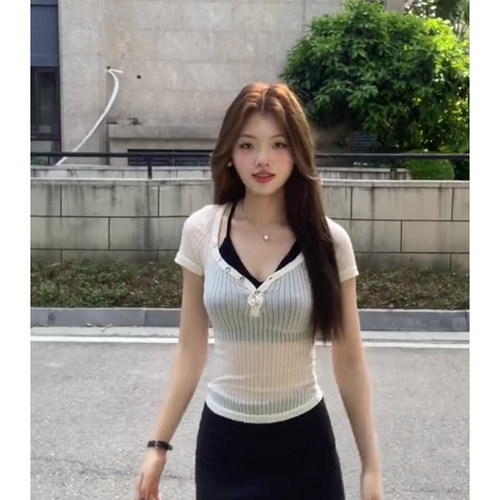 Moses Queen/魔西女王polo性感透视短袖收腰紧身圆领辣妹t恤女夏