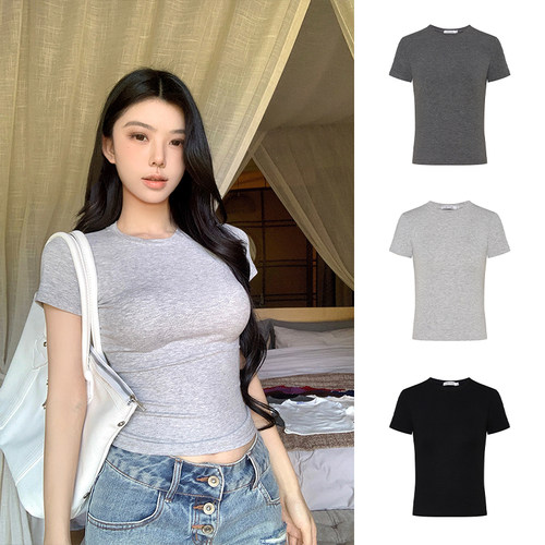MosesQueen魔西女王显身材掐腰正肩短袖T恤女修身显瘦圆领上衣