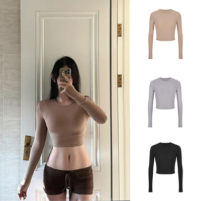 MosesQueen魔西女王美式复古辣妹长袖T恤修身露脐正肩短款上衣