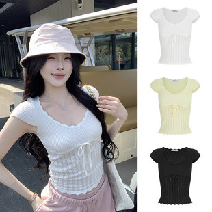 上衣 短款 MosesQueen魔西女王白色针织短袖 t恤设计感缕空系带修身