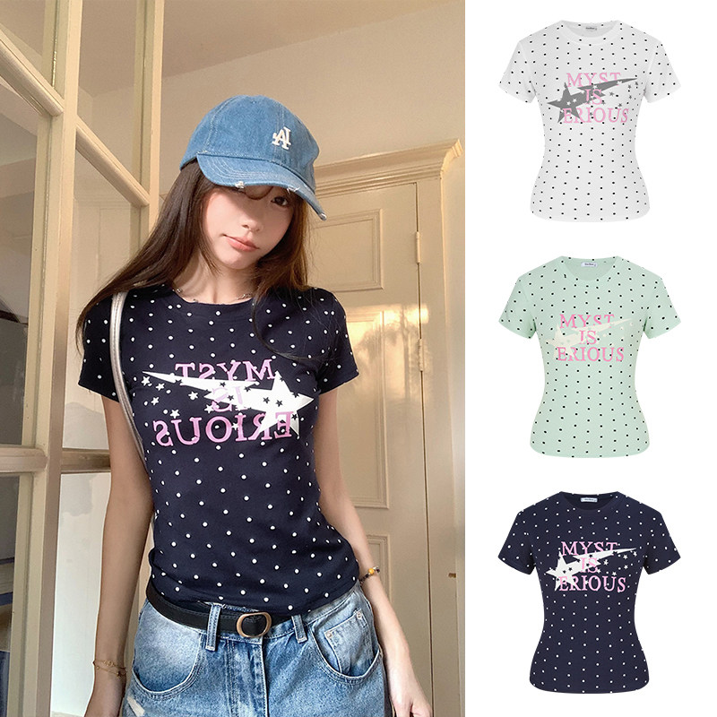 MosesQueen魔西女王波点字母印花V领短袖T恤夏季正肩修身显瘦上衣