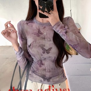 MosesQueen魔西女王網(wǎng)紗印花紫色長袖 罩衫 T恤女2025春夏圓領(lǐng)薄款