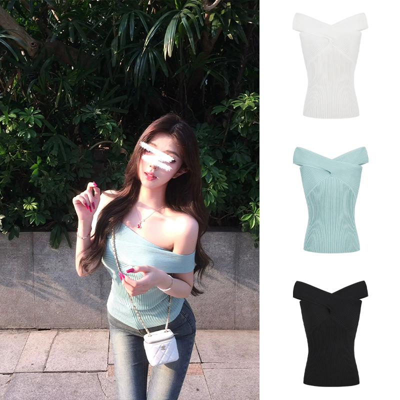MosesQueen魔西女王锁骨一字肩交叉针织T恤女夏季显瘦性感辣妹