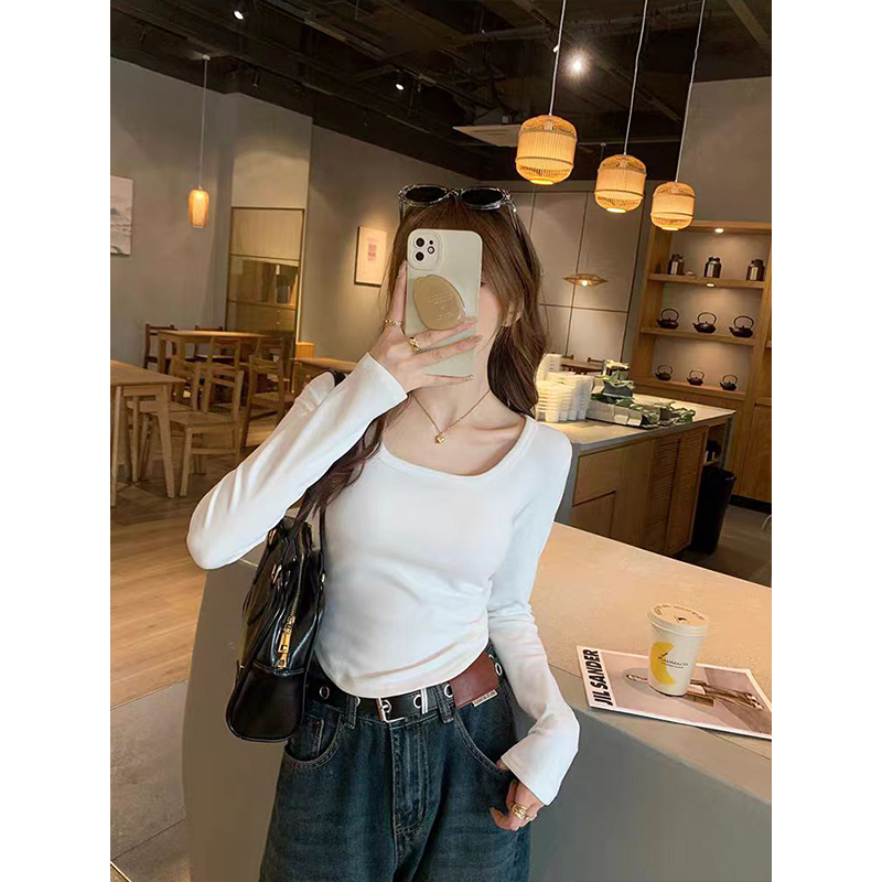 MosesQueen魔西女王秋冬加绒U领打底衫上衣修身显瘦正肩长袖t恤女