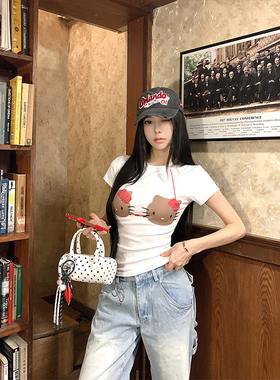 MosesQueen魔西女王美式复古kitty猫短袖t恤收腰显瘦短款上衣