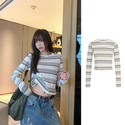 短款条纹正肩长袖t恤女修身显瘦