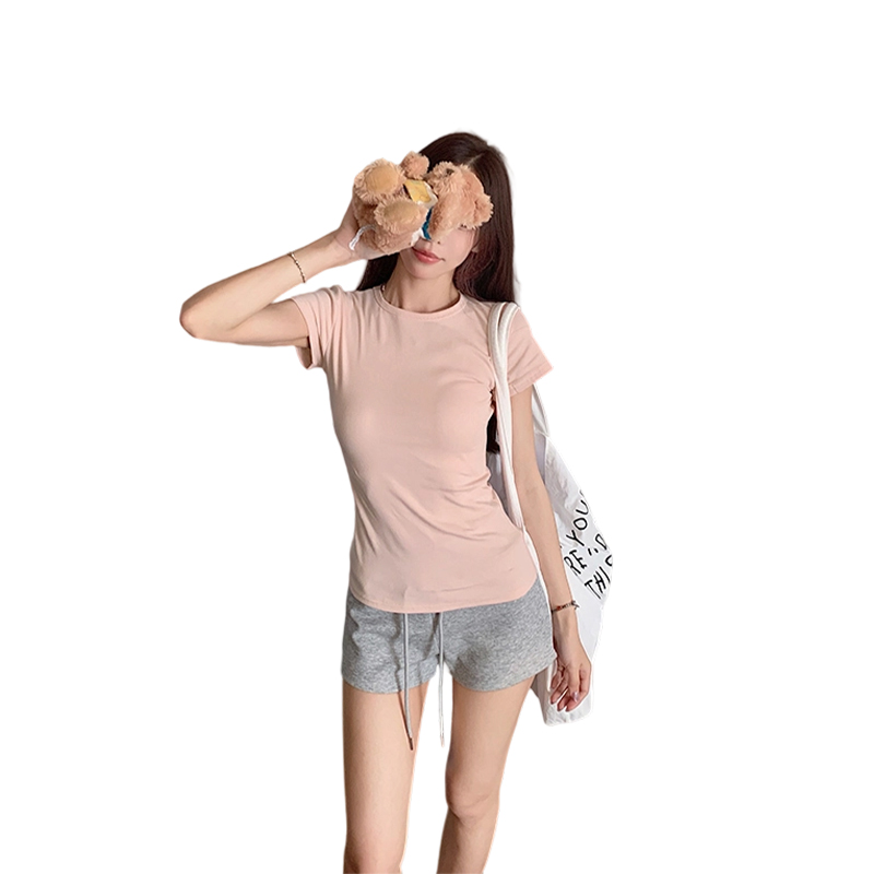 MosesQueen魔西女王弹力正肩T恤女夏季显瘦收腰短袖圆领上衣
