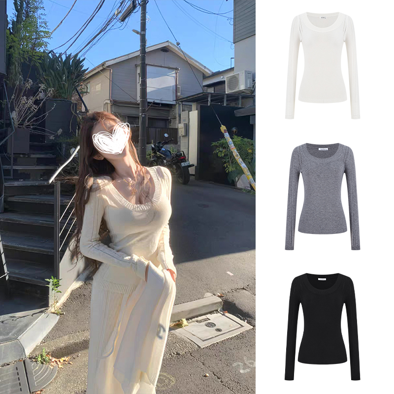 MosesQueen魔西女王白色大U领修身针织衫秋冬新款镂空针织衫上衣
