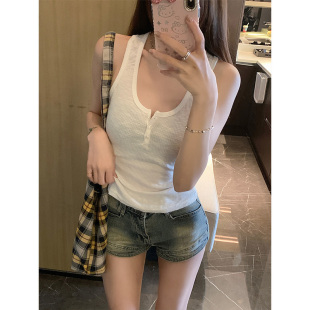MosesQueen魔西女王微透坑条纹方领排扣工字背心纯欲心机短上衣