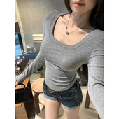 显瘦内搭打底衫 MosesQueen魔西女王灰色u领长袖 上衣女春百搭修身