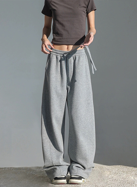 MosesQueen魔西女王灰色加绒运动裤女直筒休闲裤子慵懒阔腿弯刀裤