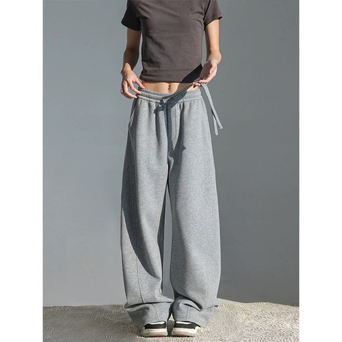 MosesQueen魔西女王灰色加绒运动裤女直筒休闲裤子慵懒阔腿弯刀裤