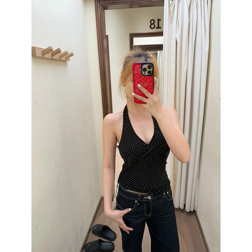MosesQueen魔西女王法式黑色波点挂脖背心修身显瘦性感吊带上衣女