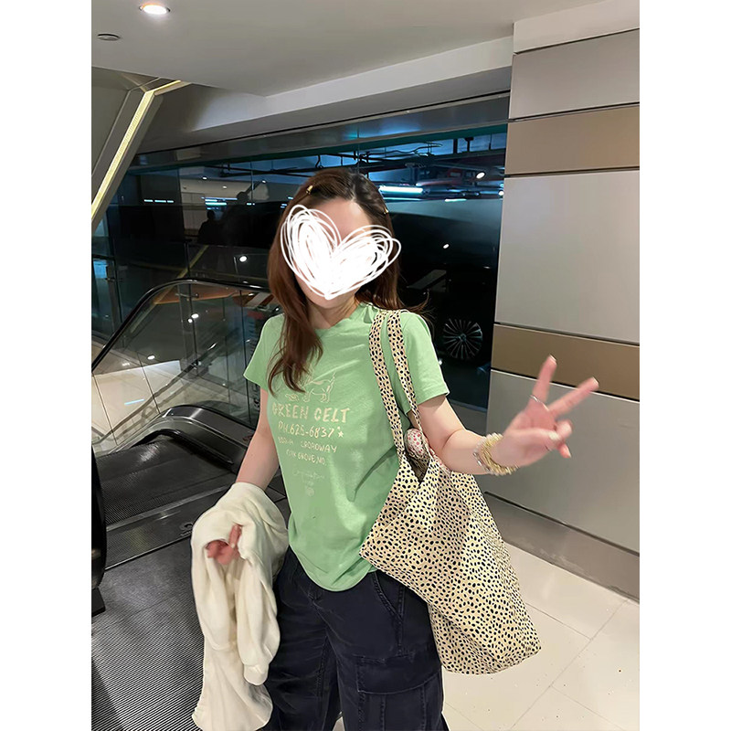 MosesQueen魔西女王绿色印花短袖t恤夏季美式正肩显瘦圆领上衣女