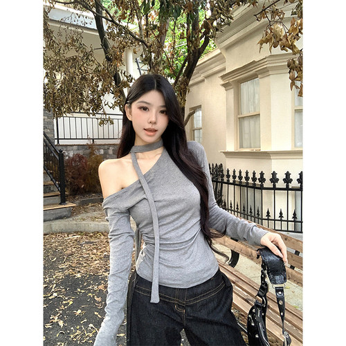 MosesQueen魔西女王花灰色斜肩飘带长袖T恤女修身辣妹气质上衣