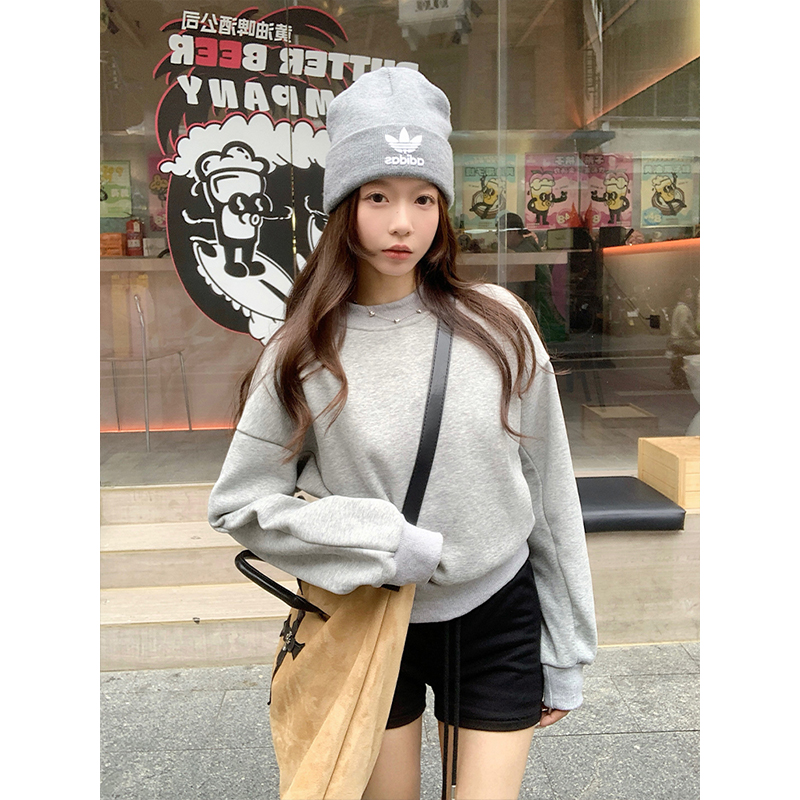 圆领加绒加厚卫衣女百搭短款上衣