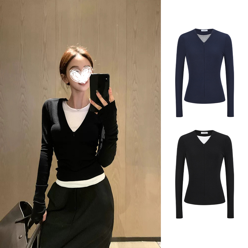 MosesQueen魔西女王撞色假两件长袖t恤设计感修身内搭V领打底上衣