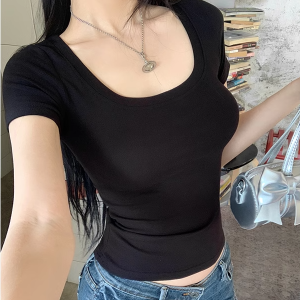 MosesQueen魔西女王大U领正肩短袖T恤2025修身基础款辣妹短款上衣