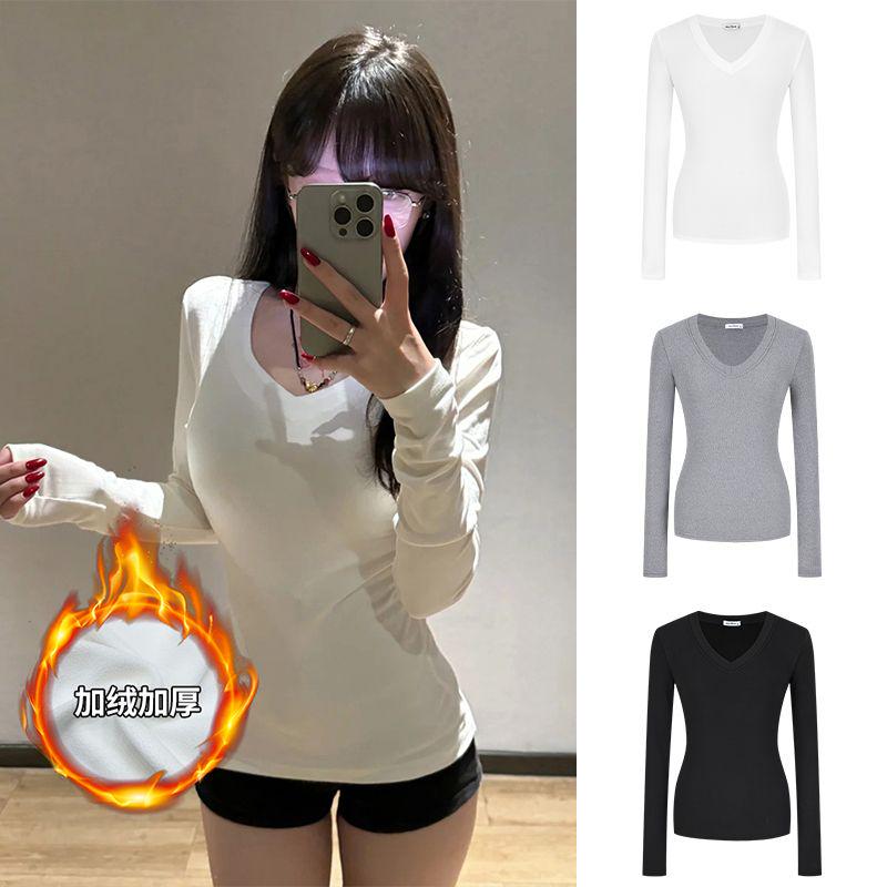 MosesQueen魔西女王一体绒正肩V领T恤打底衫显瘦掐腰长袖上衣