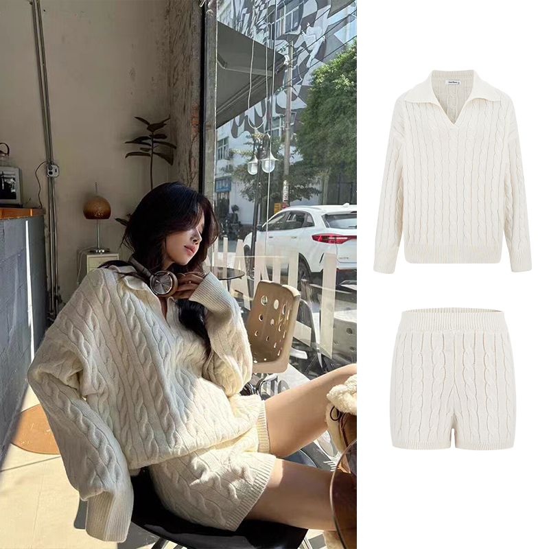 MosesQueen魔西女王麻花Polo领显瘦长袖针织衫高腰洋气百搭短裤