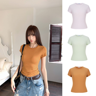 MosesQueen魔西女王纯色百搭正肩短袖 收腰辣妹莱赛尔圆领上衣 夏季