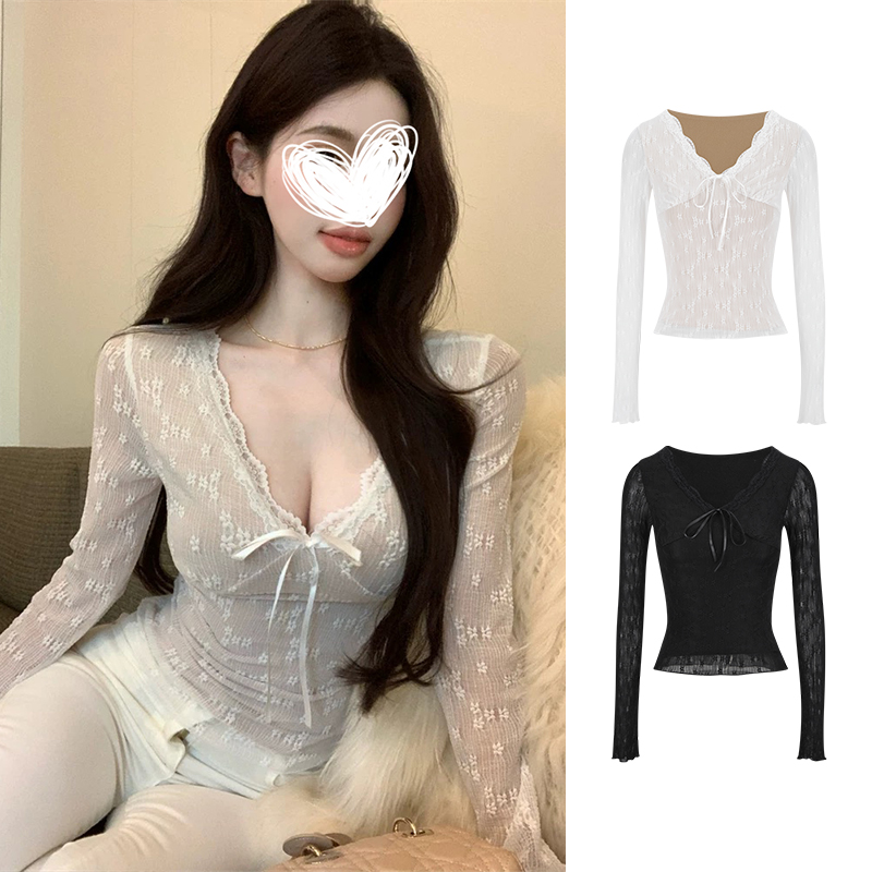 MosesQueen魔西女王蕾丝性感低胸v领t恤女显身材加绒收腰长袖上衣