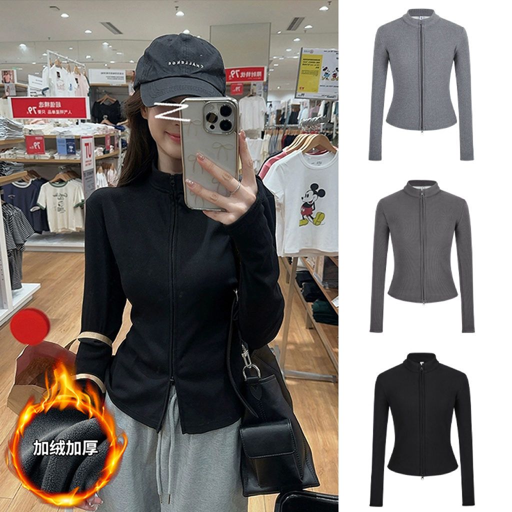 MosesQueen魔西女王美式双拉链外套加厚上衣女立领修身掐腰开衫