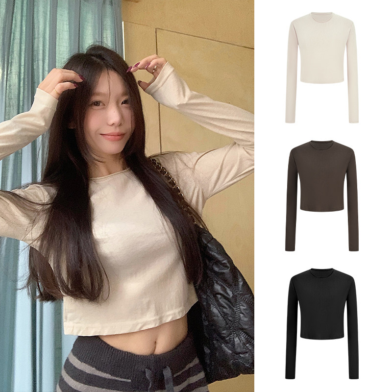 MosesQueen魔西女王纯色百搭短款长袖t恤辣妹外穿上衣短款打底衫