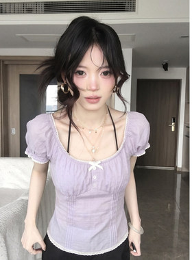 MosesQueen魔西女王方领蕾丝短袖衬衫泡泡袖蝴蝶结一字肩短款上衣