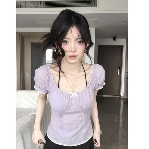 蕾丝花边泡泡袖衬衫一字肩上衣女