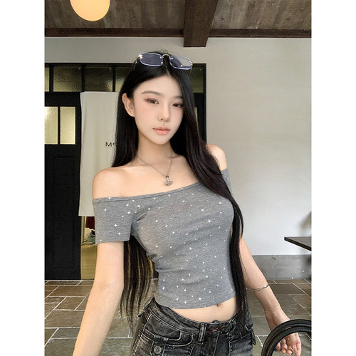 MosesQueen魔西女王美式复古烫钻一字肩短袖t恤收腰显瘦上衣