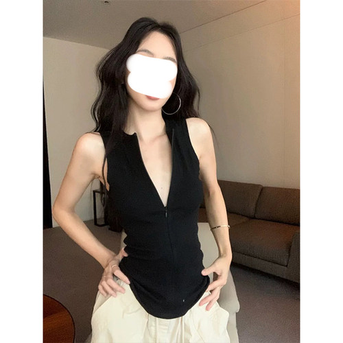 MosesQueen魔西女王半拉链无袖吊带背心女夏外穿收腰显瘦内搭上衣