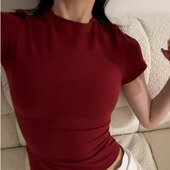 正肩美式 辣妹圆领短款 复古2025夏季 短袖 新款 T恤女修身 半袖 上衣