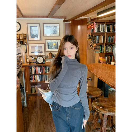 细闪半高领打底衫长袖女秋冬上衣