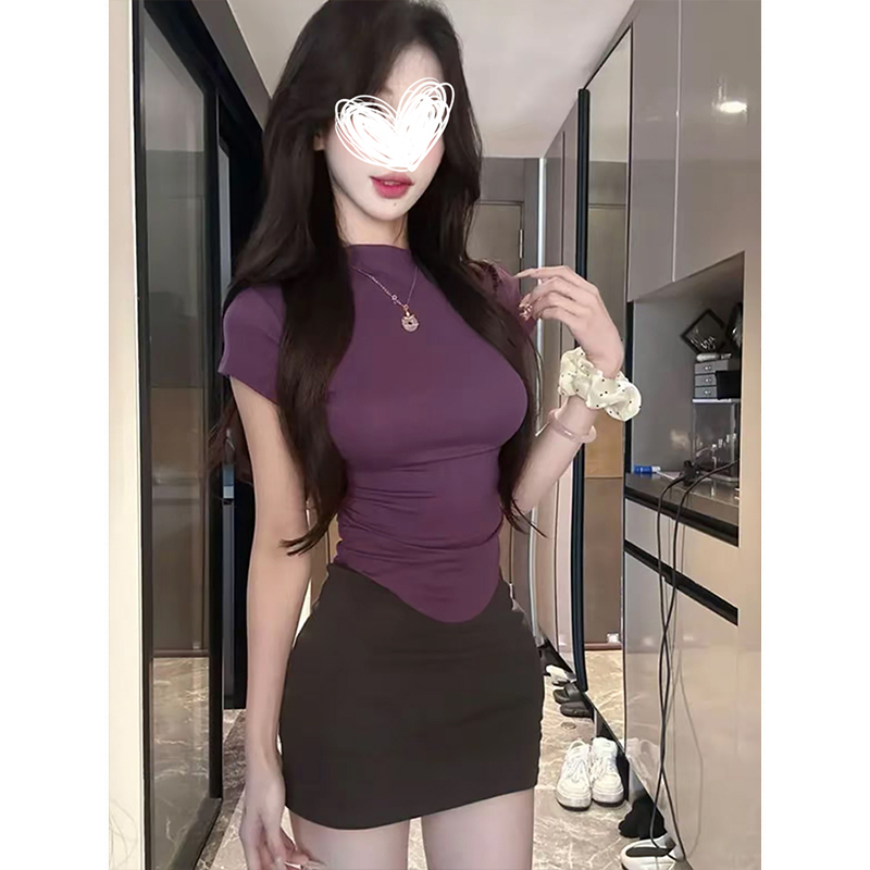 MosesQueen魔西女王正肩修身短袖t恤2025新款半高领短款上衣女夏