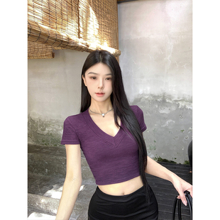 MosesQueen魔西女王純欲辣妹V領(lǐng)短款 正肩顯瘦露臍短袖 t恤2025新款