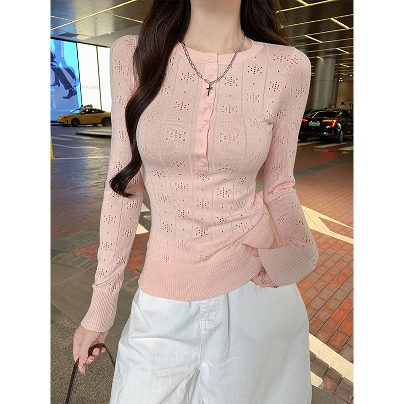 半开领缕空针织衫女修身显瘦上衣