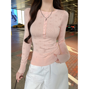 MosesQueen魔西女王粉色缕空针织衫女春秋半开领长袖内搭打底上衣