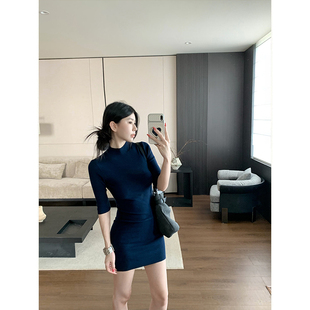 MosesQueen魔西女王黑色半高领针织中袖连衣裙收腰显瘦包臀裙子