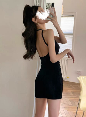 MosesQueen魔西女王黑色露背挂脖吊带连衣裙收腰修身辣妹包臀短裙