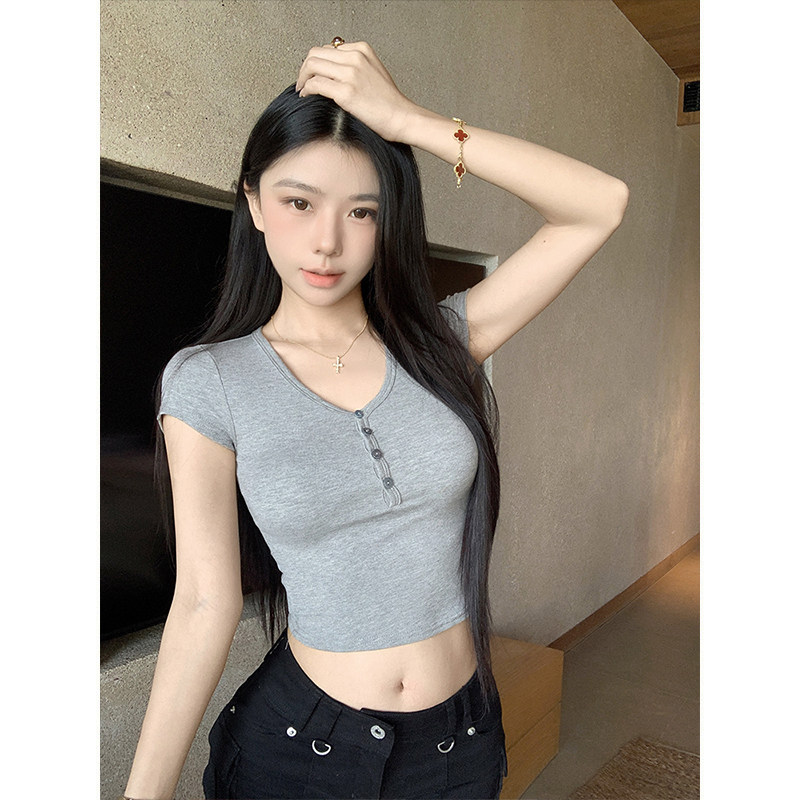 MosesQueen魔西女王灰色V领短袖T恤女夏季修身显身材辣妹上衣短款