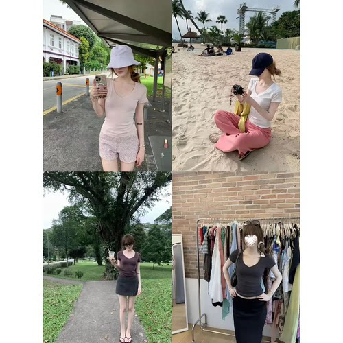 MosesQueen魔西女王正肩短袖t恤内搭打底衫修身短款v领上衣女夏