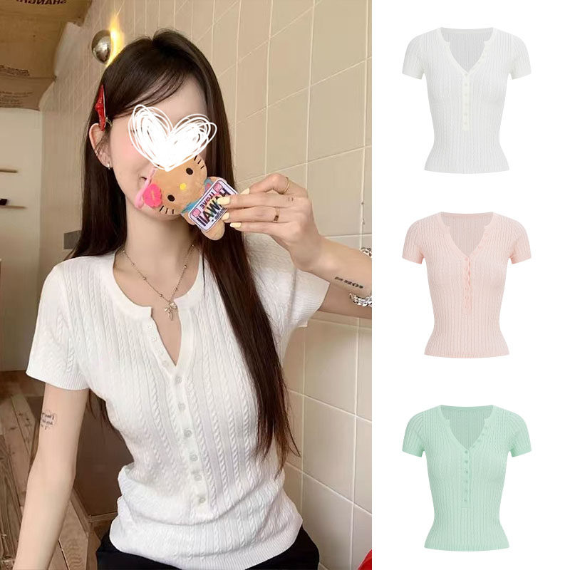 MosesQueen魔西女王白色麻花半开领针织短袖t恤辣妹修身别致上衣