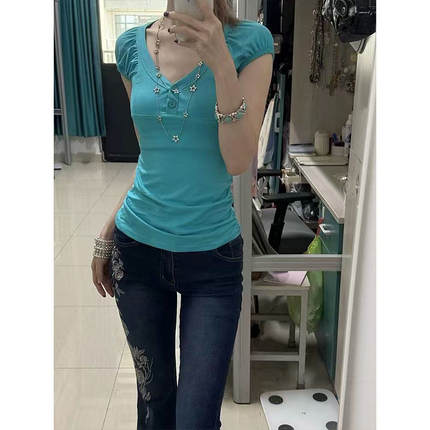 [Clearance Sale] Mosesqueen Blue V-Neck Short Sleeve T-Shirt Summer Slim Fit Top