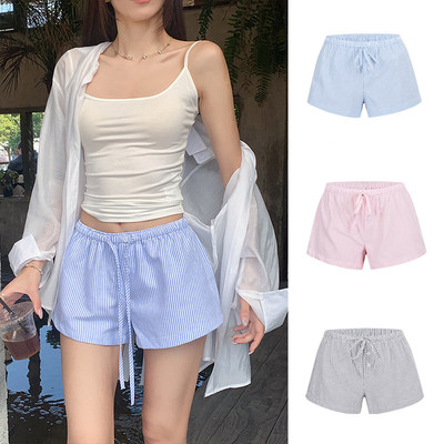 条纹绑带低腰短裤宽松阔腿休闲裤