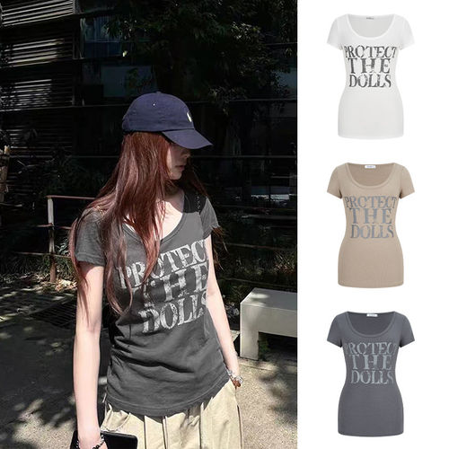 美式复古字母印花短袖t恤u领上衣