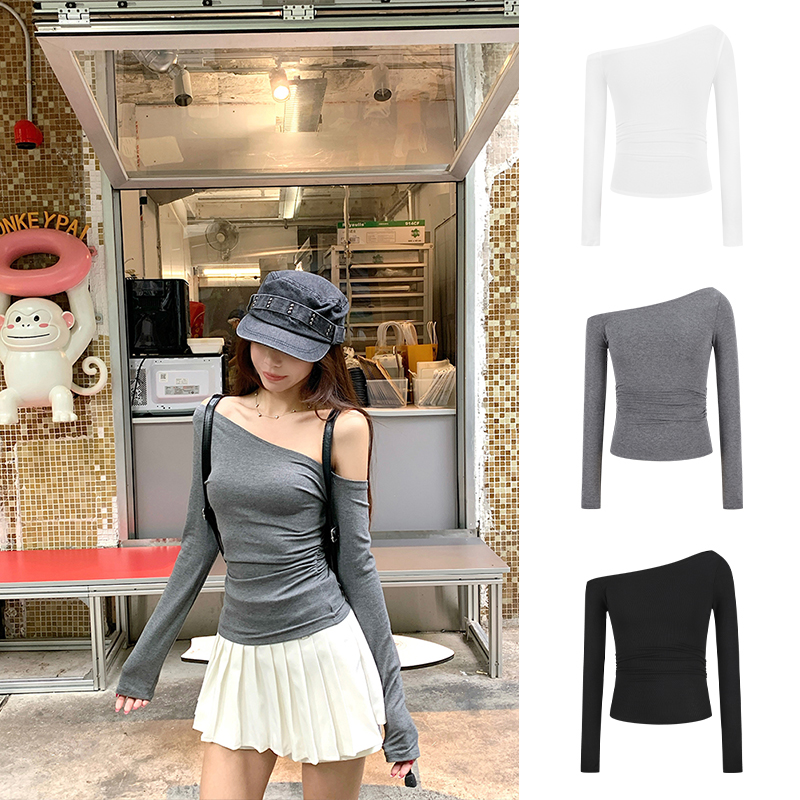 MosesQueen魔西女王性感辣妹风斜肩t恤女长袖修身紧身显瘦上衣