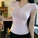 MosesQueen魔西女王美式复古V领排扣短袖T恤2025修身显瘦短款上衣